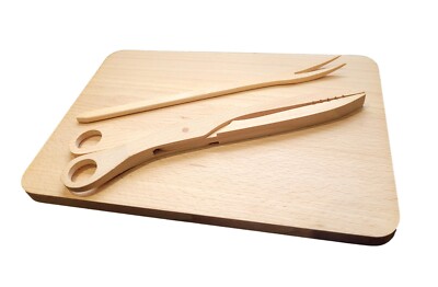 BBQ Schneide Servierbrett Set 1 Holzbrett 1 Holzgabel 1 Grillzange 32x21 cm