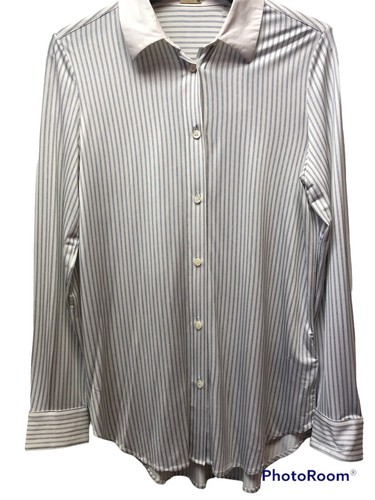 New Magaschoni Womens S White Navy Button Front Shirt Long Sleeve Stretch Stripe