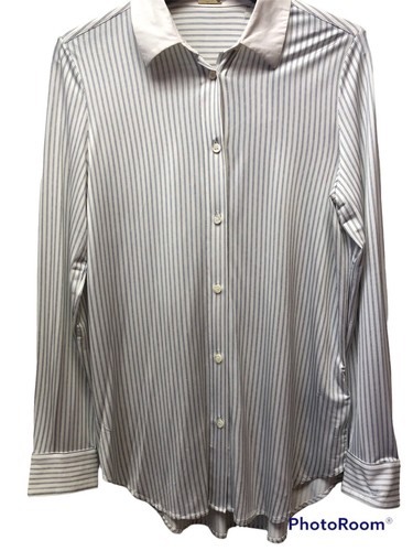 New Magaschoni Womens S White Navy Button Front Shirt Long Sleeve Stretch Stripe - Foto 1 di 11