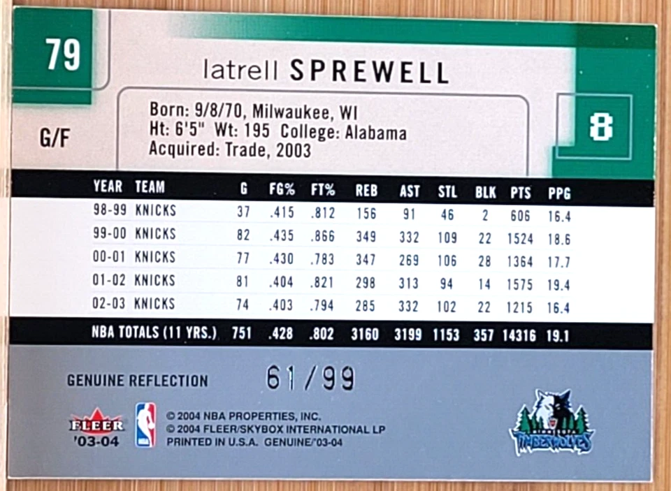 2003-04 FLEER GENUINE LATRELL SPREWELL GENUINE REFLECTION #D/99 TIMBERWOLVES - Image 2 of 2