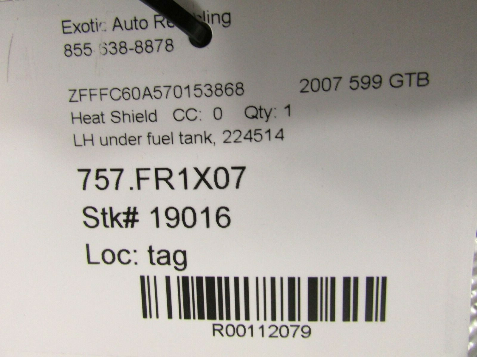 Ferrari 599 GTB, LH, Left Under Fuel Tank Heat Shield, Used, P/N 224514