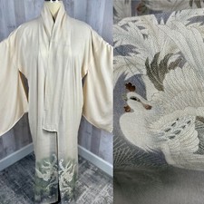 Vintage 1940s Japanese Silk Kimono Robe Dove Print 50" Chest 58" L Pale Gray