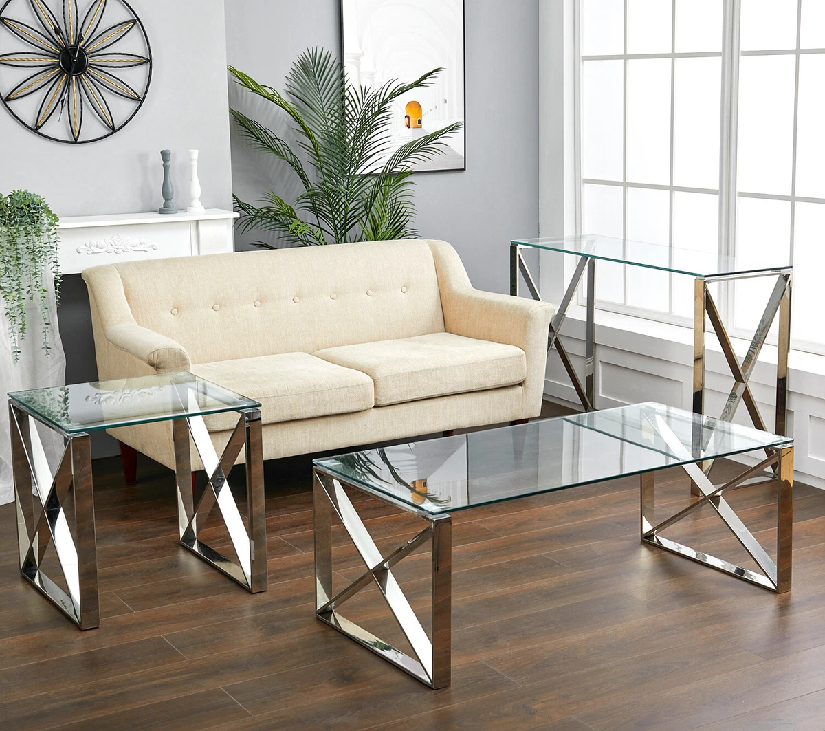Modern Clear Glass Chrome Coffee Table Side End Tea Table Display Console Table