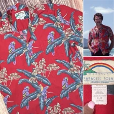 PARADISE FOUND HAWAIIAN SHIRT SIZE LARGE RED TROPICAL JUNGLE BIRD MAGNUM P.I.