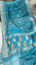 Blue 100 khadi Chiffon Sari Zari Banarasi Woven Designer Saree With Blouse Pce