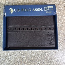 US POLO ASSN Black Leather Logo Embossed Slim Fold Wallet Men's NIB