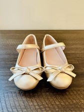 Girls Gold Mary Jane Flats Bow Accent Hook Loop Round Toe Low Top New
