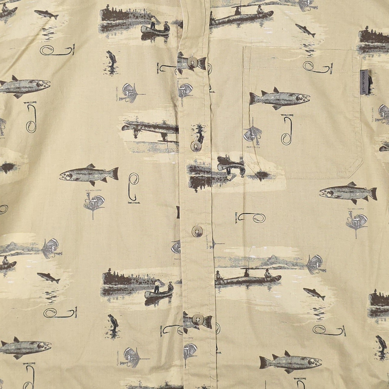Woolrich Men’s XL Fishing Print Button-Up Short Sleeve Shirt Beige Cotton