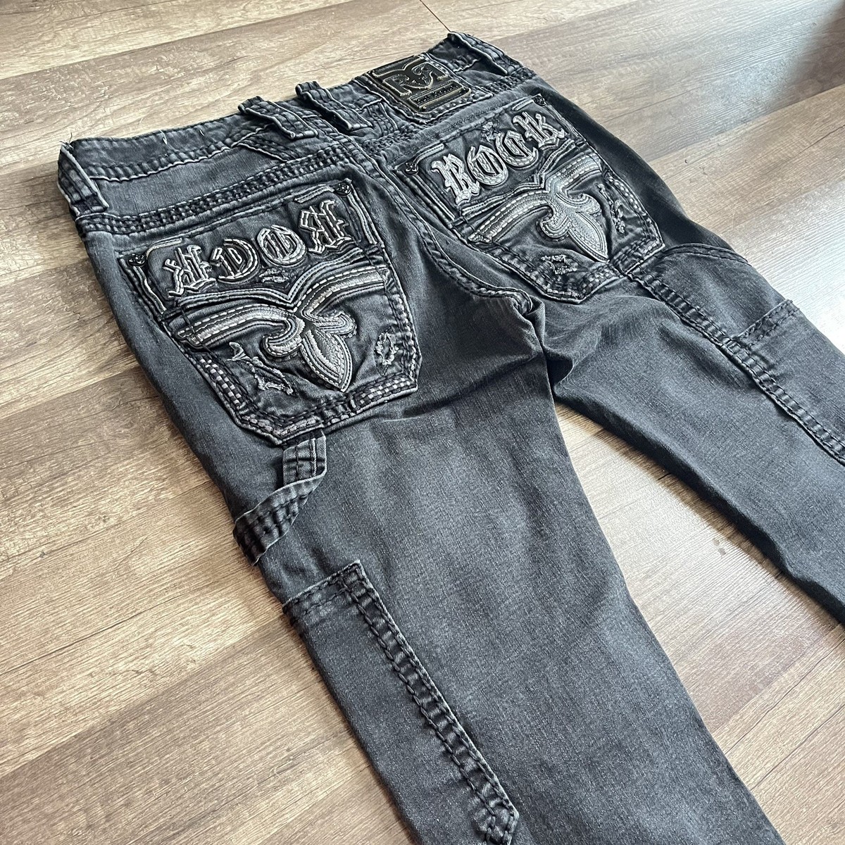 Rock Revival Men's Faded Black “Kento” 32x30 Straight Cargo Double