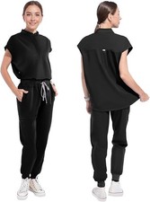 Scrubs for Women Scrub Sets, Slim Scrubs Stretch Top Jogger Scrub Pants Black