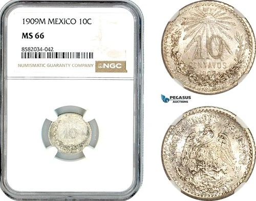 AL165, Mexico, 10 Centavos 1909 M, Mexico City Mint, Silver, NGC MS66