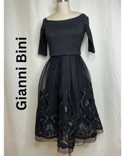Gianni Bini Black Lace Dress Fit Flare Mesh Embroidered XS Elegant