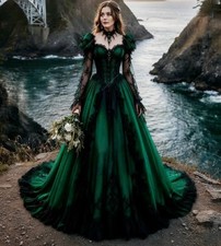 Green Victorian Wedding Dresses Black Lace Appliques Long Sleeves Bridal Gowns