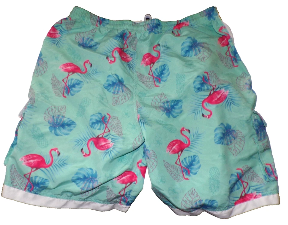 Men's Pink Flamingo aqua blue Print High-Rise Swim Trunks with Drawstring S4 - Image 3 of 4