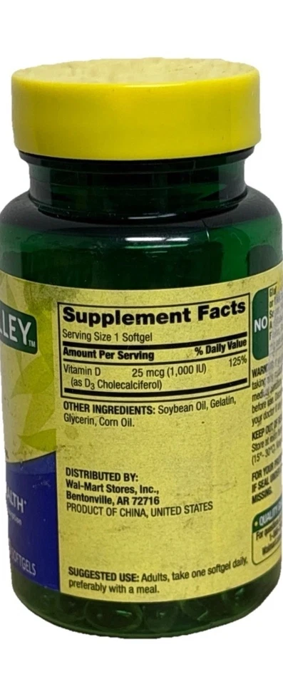 Spring Valley Vitamina D3 25 mg por cápsula blanda (paquete de 2) - 100 cápsulas blandas cada una Foto 2 de 2