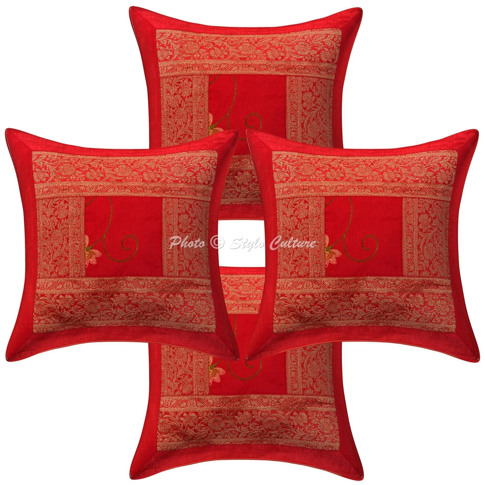 Decorative Polydupion Throw Pillow Covers Embroidered Red Floral Home Decor