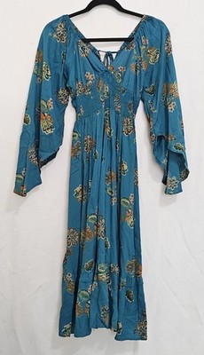 Angie Women's Dress Size Medium Teal Blue Floral Smoked Waist Bell Sleeve ~ Used