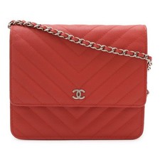Chanel V Stitch Chevron Caviar Chain Wallet Shoulder Bag CC Logo Red USED Auth
