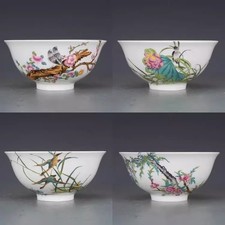4pcs Chinese Qing Qianlong Famille Rose Porcelain Flowers Birds Design Bowl 5.3"