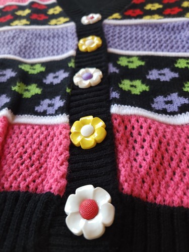 KnitWaves Sweater Black w Flowers Flower Buttons Cardigan Style 7946 Size M - Picture 2 of 4