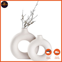 Keramik Vase Set 2 StüCk Weiß Matte Rund FüR Pampasgras Boho Stil Deko