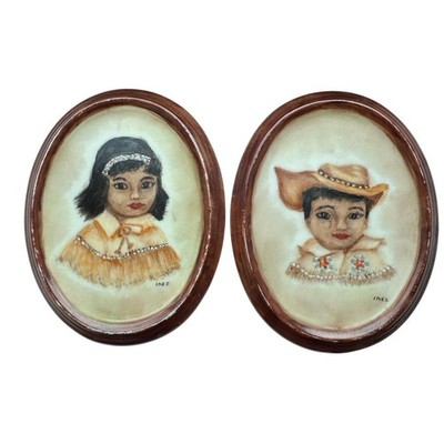 VTG Artisan Inez Two Signed Pictures 5 Inch Boy Girl Native American Southwest