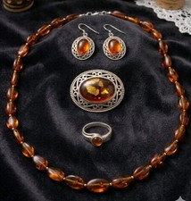 Genuine Baltic Amber 925 Sterling Silver Jewelry Bundle Necklace Ring Brooch Set