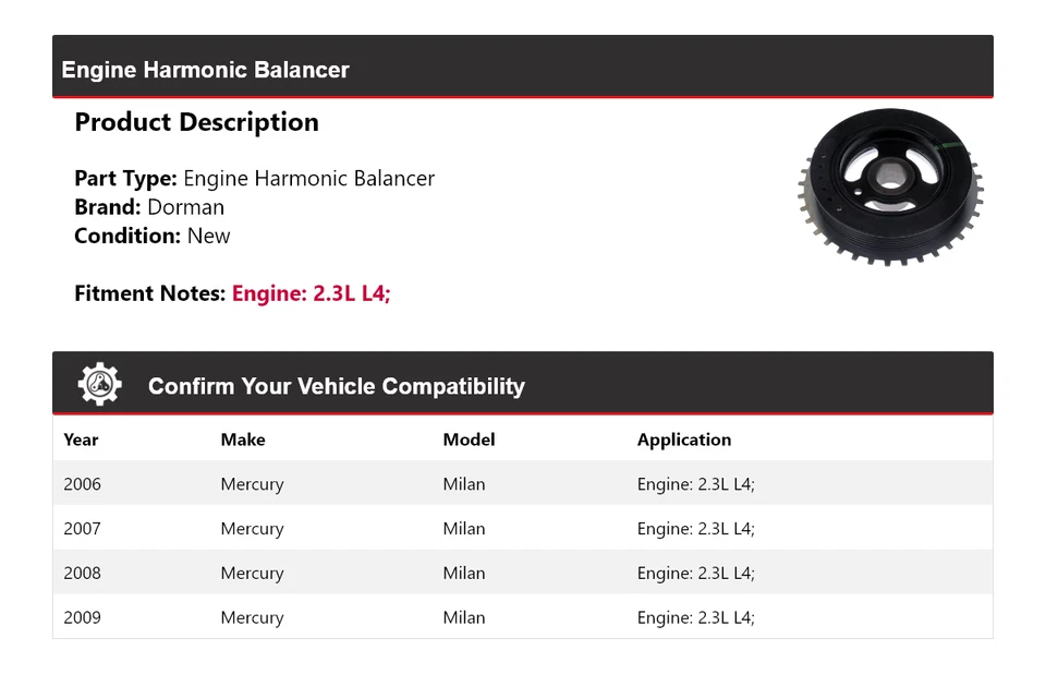 For 2006-2009 Mercury Milan 2.3L L4 Dorman Engine Harmonic Balancer 2007 2008 Foto 2 de 4