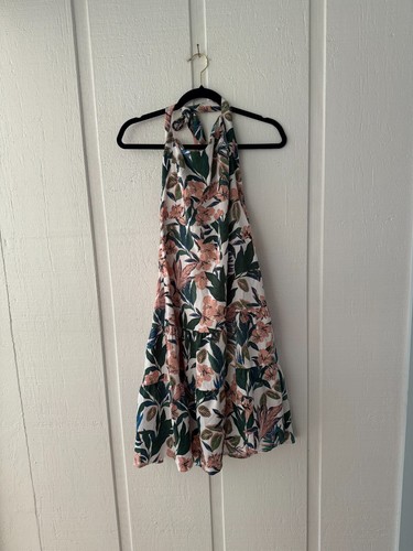 Allegra K Halter Neck Sundress Smocked Backless Flowy Floral Tiered Dress Size S
