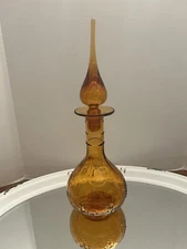 MCM Decanter Embossed Grapes Tangerine Orange Amberina Rainbow Glass Handblown