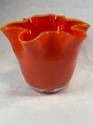 VTG Murano Style Hand Blown Orange / Yellow rim Ruffled 8" Art Glass Vase 5436