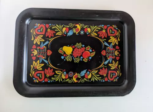 Vintage Mid-Century Black Metal Serving Tray Folk Art Flowers Fruit Birds