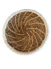 VTG Hand Woven Coiled Spiral Basket Decor Brown Wall Hanging Boho Yarn Edge 14”