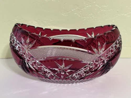 IMPERLUX VTG German Democratic Republic 10” Red Cut to Clear Crystal Oval Bowl