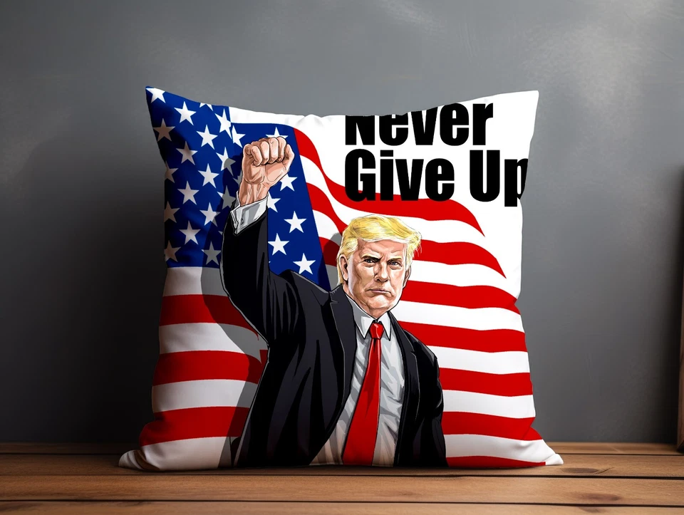 18x18 Trump Throw Pillow Cover - Velvet Double-Sided 'Never Give Up' USA Flag De - Image 2 of 4