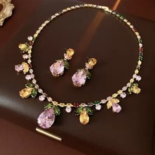 Elegant Multicolor Drop Leaf Floral Necklace Earrings Silver Plated Jewelry Set