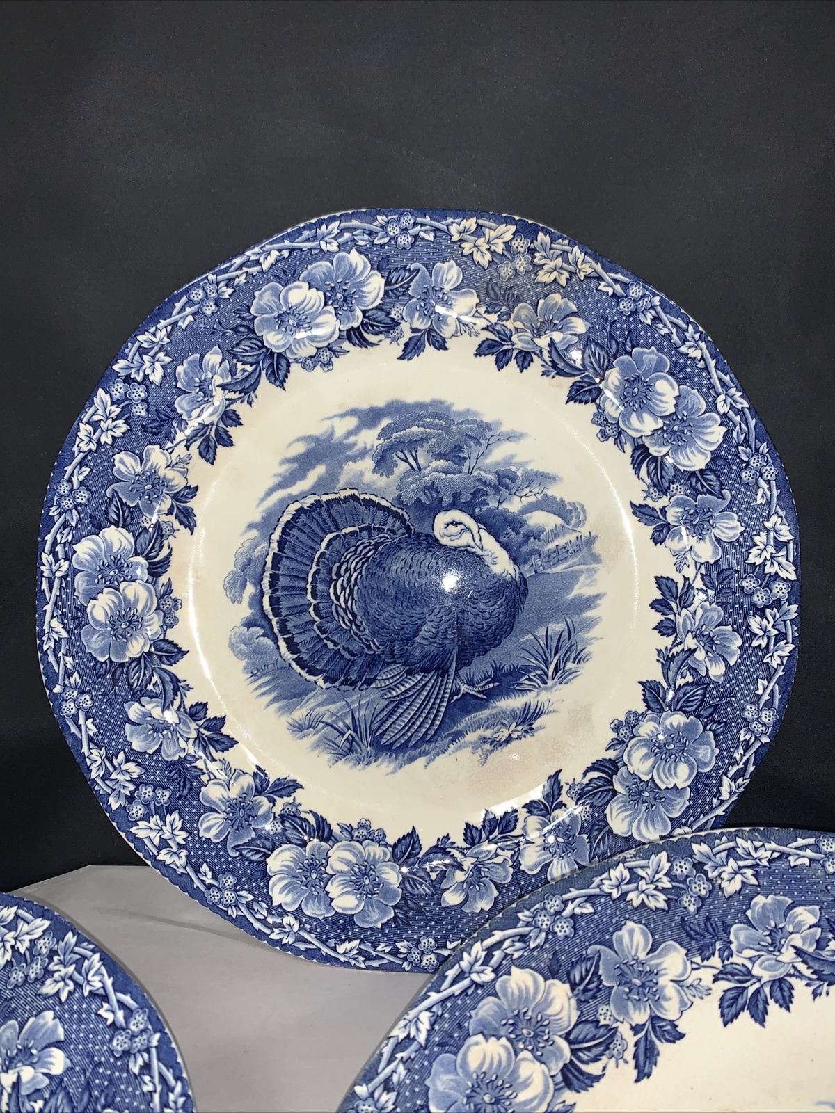 Wedgwood England Blue and White 11" Thanksgiving Turkey Dinner Plates