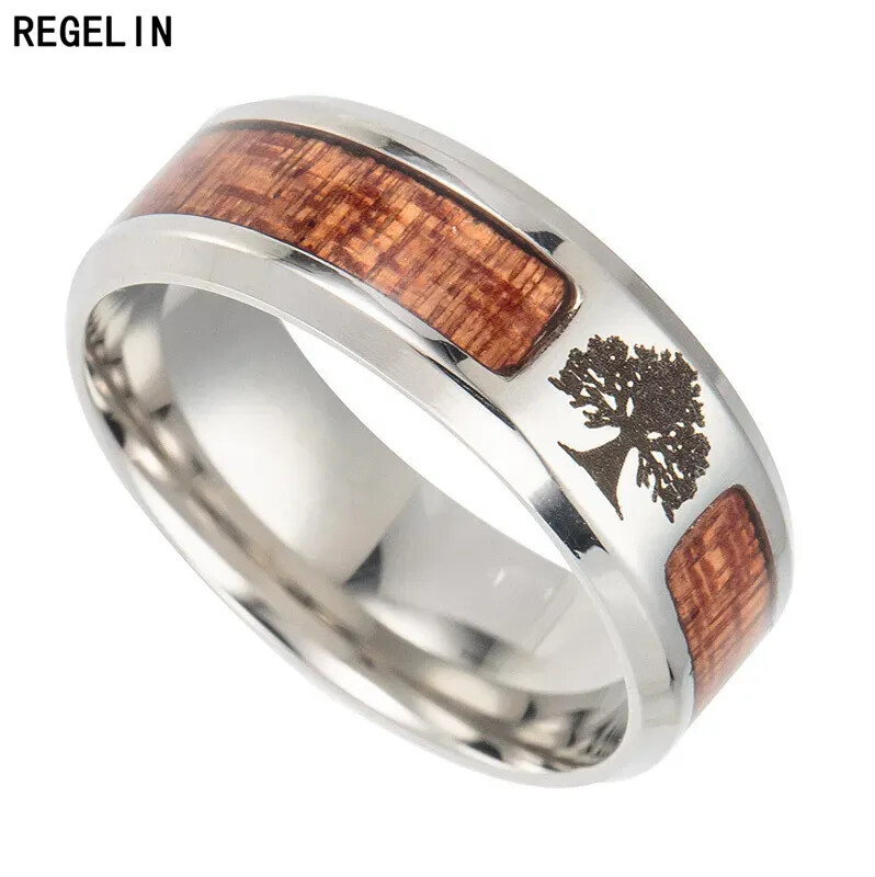REGELIN stainless steel wedding ring inlaid Life Tree Cross teak Woody