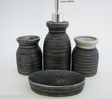 4 PC SET BLACK+SILVER CERAMIC SOAP DISPENSER+TOOTHBRUSH HOLDER+TUMBLER+DISH