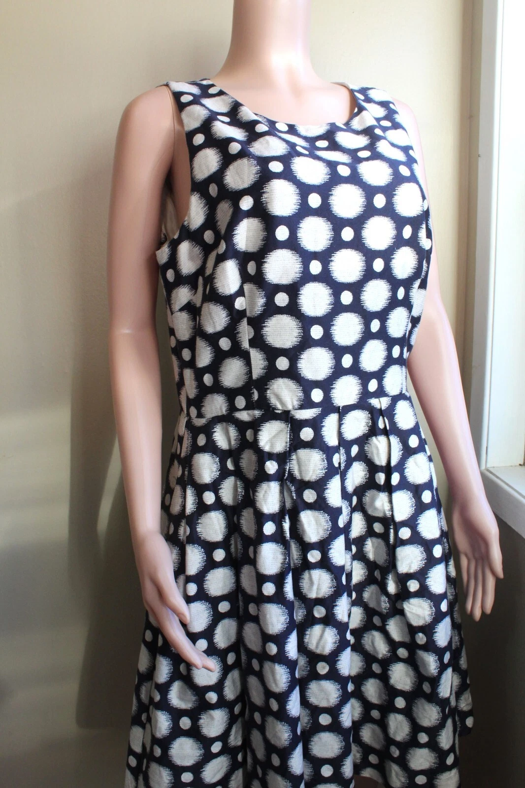 OFF WHITE Abito Eliza J 16 XL cotone senza maniche dietro zip blu navy bianco gonna cerchio ginocchio