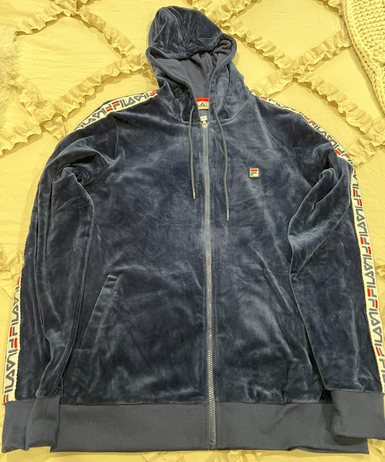 FILA Giacca Donna Blu Navy Velour Felpa con Cappuccio Velluto Logo Zip Manica Lunga XL