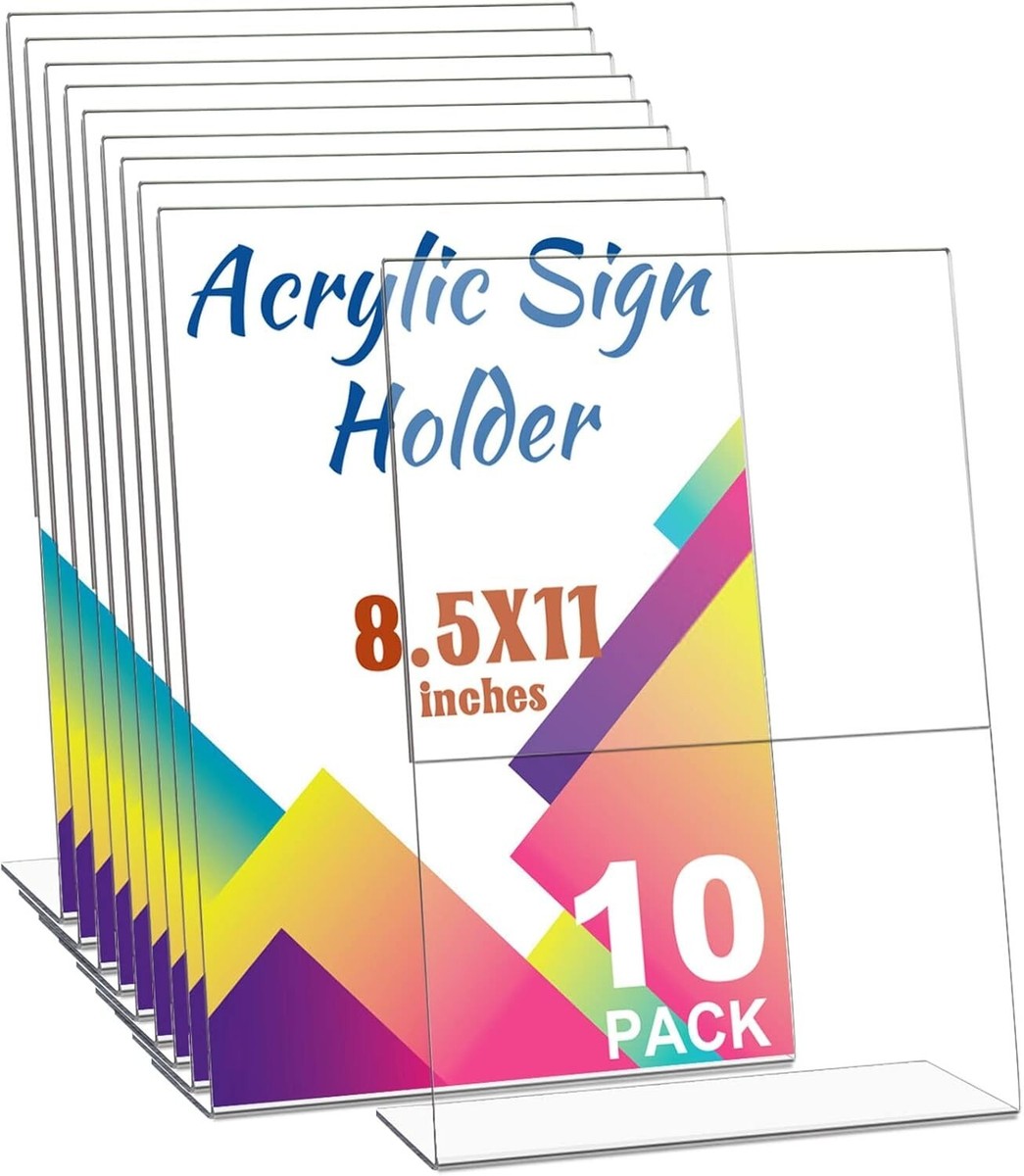 10-Pack Clear Acrylic Sign Holders For 8.5x11 Posters - Wall Mounted Front Loading Frames