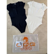 NEW OQQ Ribbed Compression Bodysuit Square Neck Black Cream Minimalist Womens S