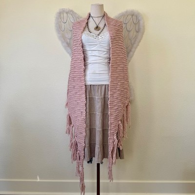 Blush Pink Chunky Knit Fringe Scarf Triangle Wrap Cottagecore Kawaii Cute Pastel