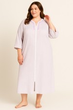 Miss Elaine Zip Front Housecoat Robe Purple White Seersucker Embroidered M