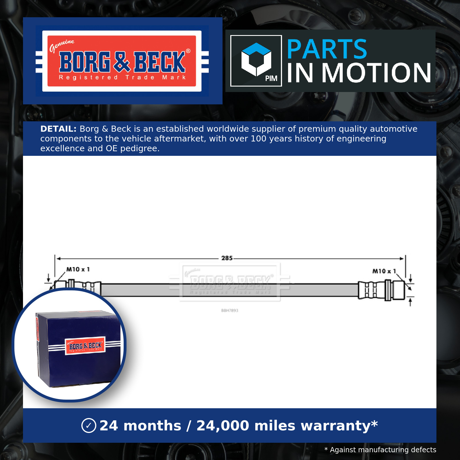 Brake Hose BBH7893 Borg & Beck Hydraulic 90947W2009 Genuine Quality Guaranteed