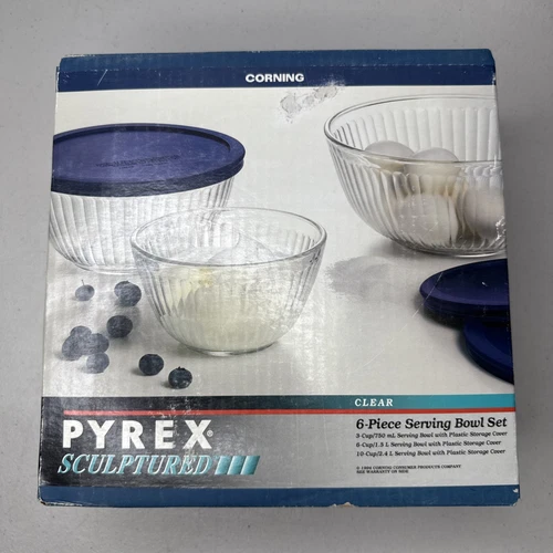 Vintage 1994 Pyrex Clear Sculptured 6 Piece Serving Bowl And Lids Set ONS