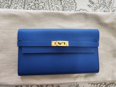 Hermes Kelly Long Wallet Blue Izmir Epsom Leather Gold Hardware Authentic