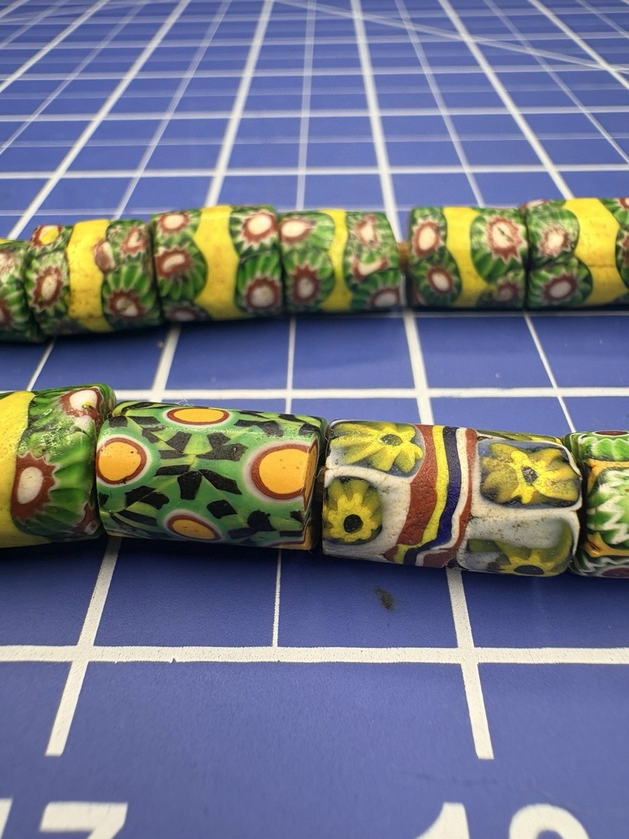 Antique Venetian Green Millefiori African Trade Beads 30” Mosaic Strand View 4
