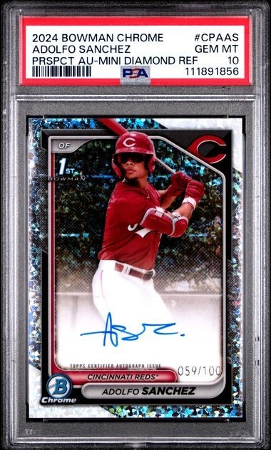 PSA 10 - 2024 Bowman Chrome ADOLFO SANCHEZ 1st RC Mini Diamond AUTO 59/100 Reds